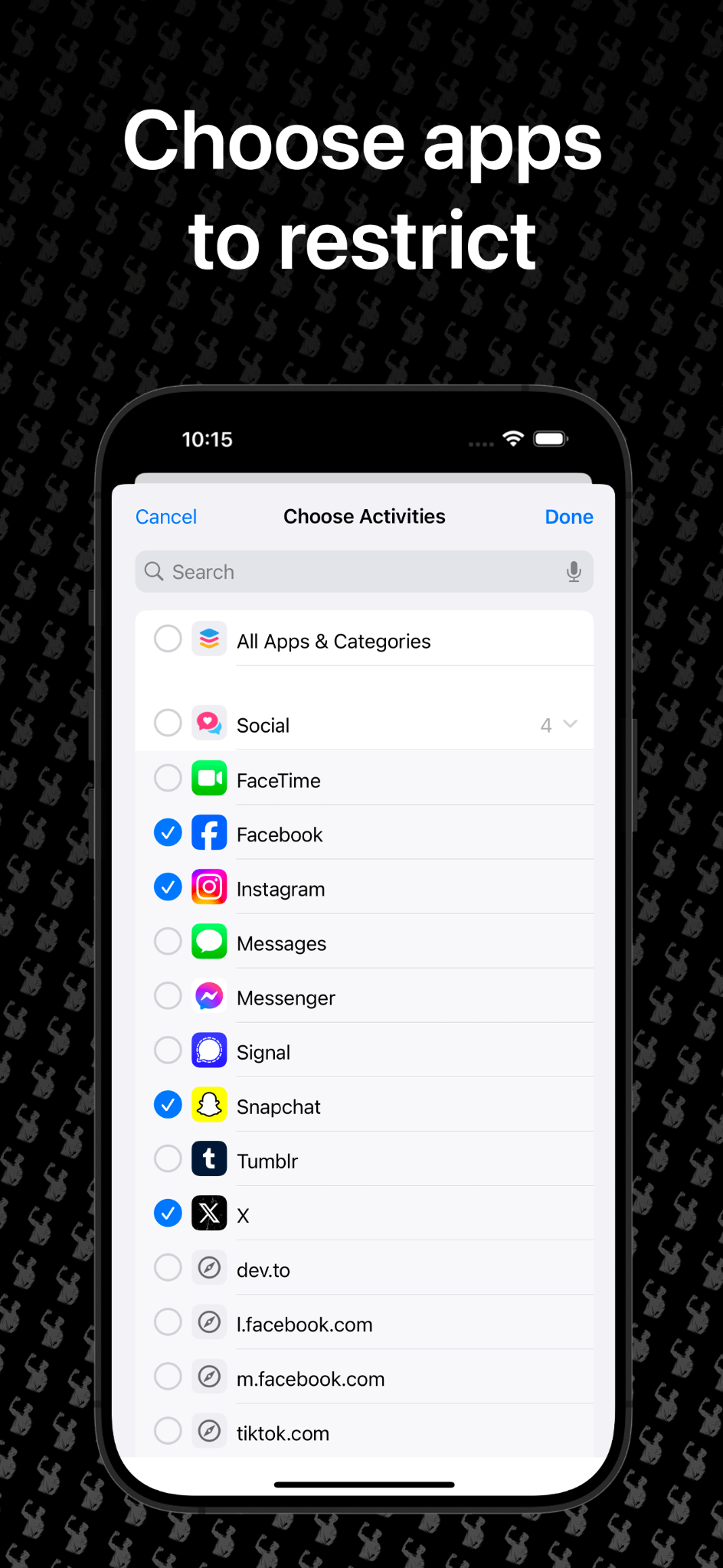 Choosing apps and websites to restrict in Fit to Scroll