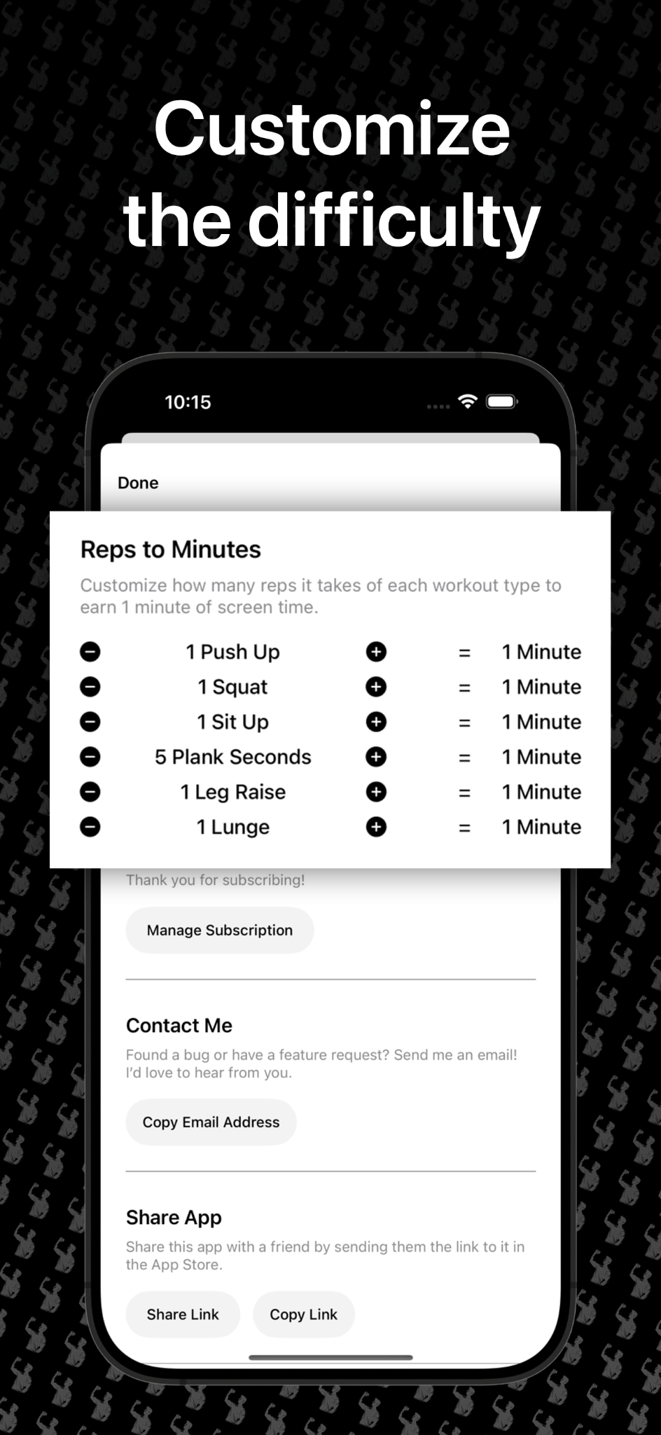 Fit to Scroll settings for customizing how many exercise reps earn one minute of screen time