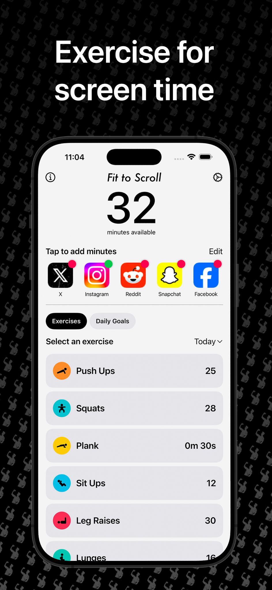 Fit to Scroll showing available screen time minutes and exercise options including push-ups, squats and planks