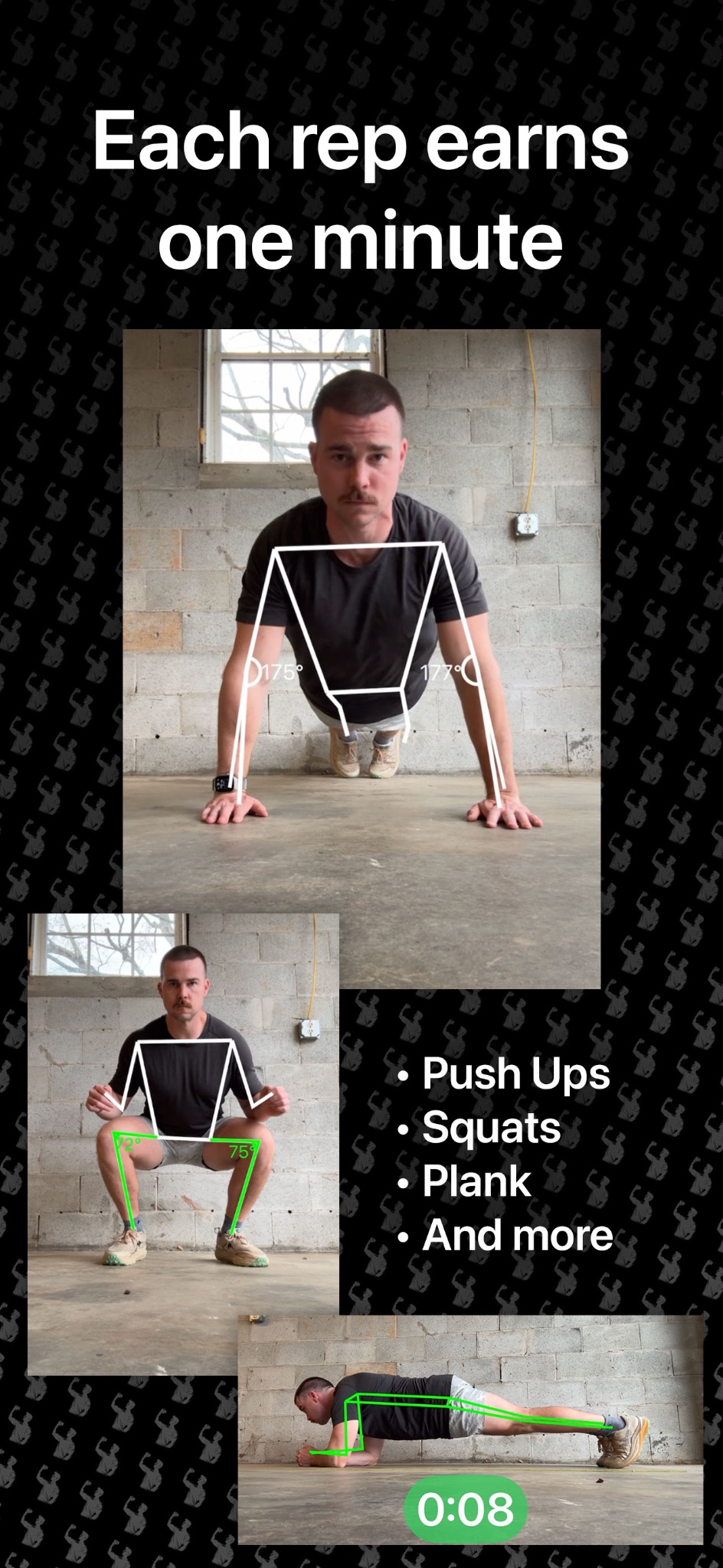 Fit to Scroll tracking push-ups, squats and a plank using body position detection