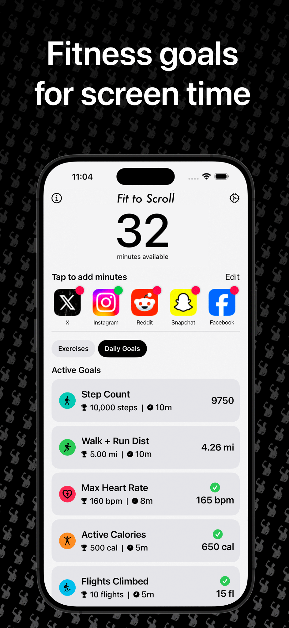 Fit to Scroll daily fitness goals including steps, distance, heart rate, calories and flights climbed